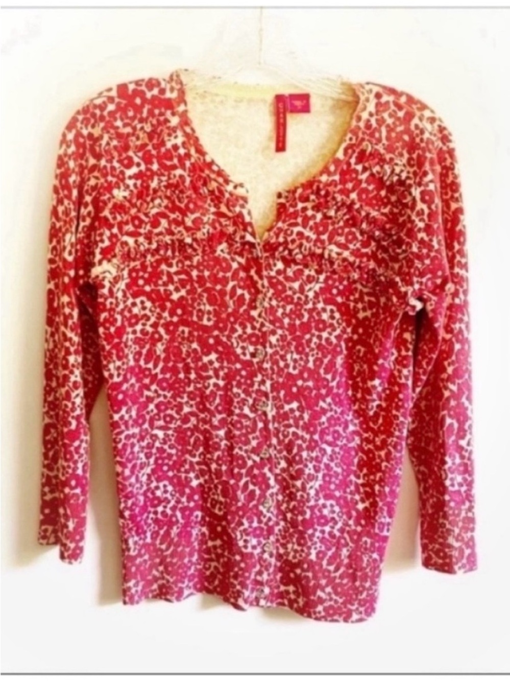 Charlotte Tarantola cardigan pink white floral sweater buttons ruffles silk